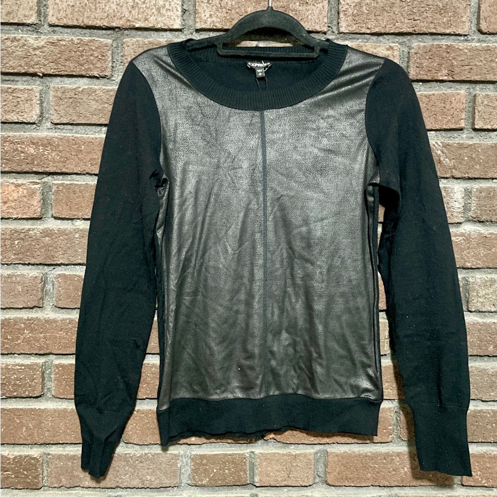 Express Black Faux Leather Padded Elbows Long Sleeve Top Size S